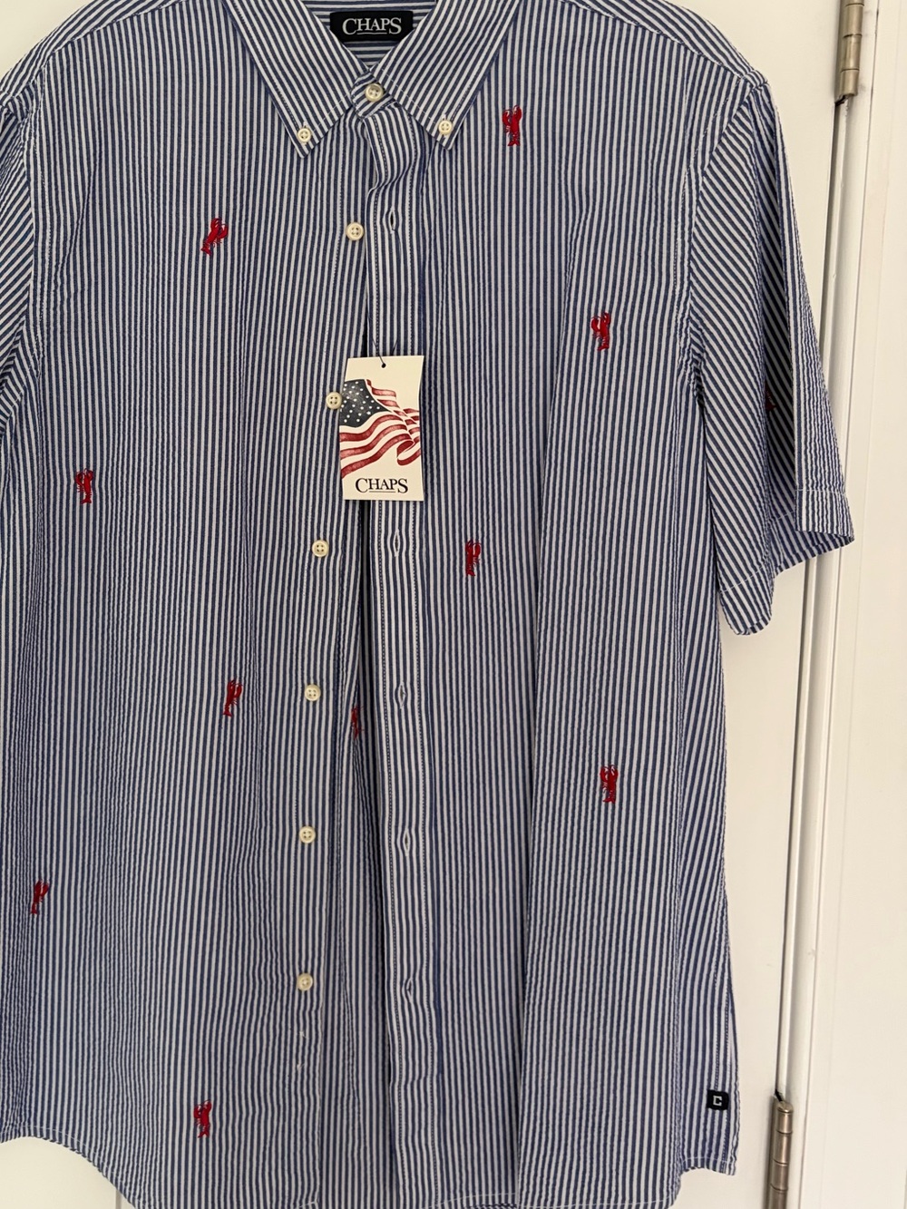 NEW Chaps Men's Blue Striped Button-Down Shirt Red Lobster Large Short sleeve
